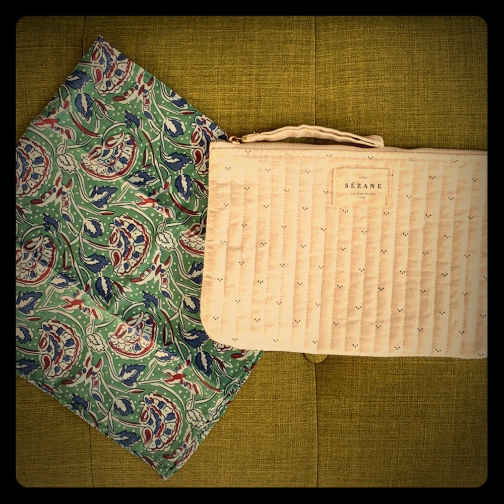 Sezane cotton pouch and scarf (hair, wrist, bag).